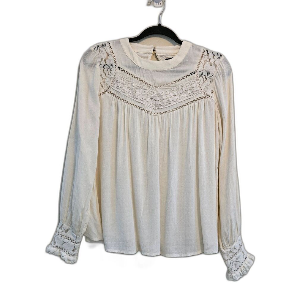 Francesca's Blue Rain Top Women Sz S Ivory Cream Renaissance Peasant Lace Boho